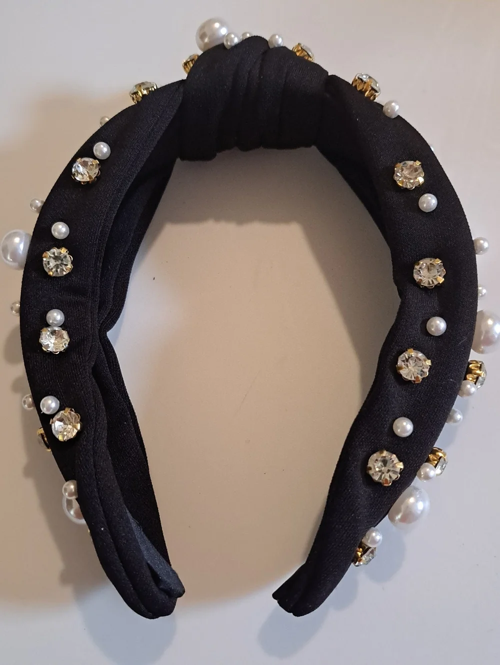 Black Faux Pearl & Rhinestone Knotted Headband - Wide, Solid Color